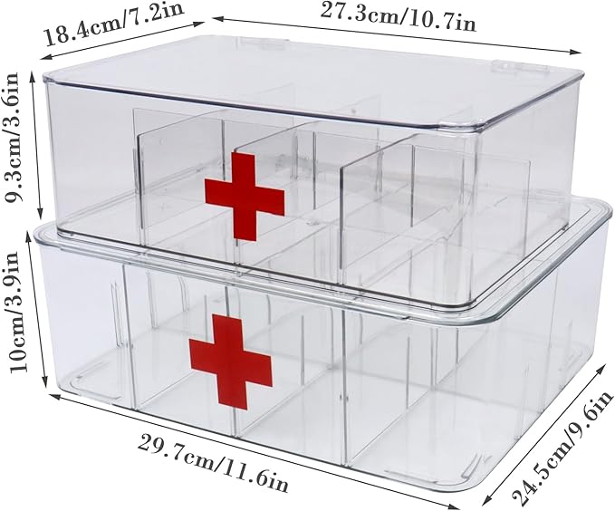 2 Pack First Aid Box, Acrylic Medicine Kit Case Organizer Empty, Divided Medicine Box First Aid Storage Box Kit with Hinge Lid, Emergency Supplies Storage Box for Home Office (Clear)
