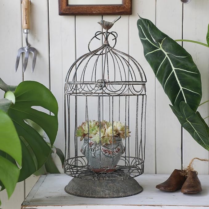 Rustic Vintage Birdcage Planter Holder Farmhouse Distressed Decorative Metal Round Plants Stand with Latch Lock Closure and Hanging Hook for Table Garden Patio Home Indoor Outdoor Centerpiece Decor