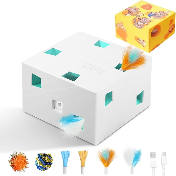 Migipaws Automatic MigiBox Plus Cat Toys 3 n1 Interactive Pounce Mystery Under PopSkin 12 Holes Cardboard Kitten Toys for Indoor Rechargable 8 Accessories(White)