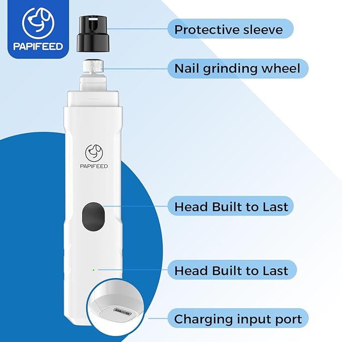 PAPIFFEED Dog Nail Grinder Upgraded with 2 LED Lights, 3-Speed Rechargeable & Quiet - Upgraded Electric Pet Nail Trimmer for Small Medium Large Dogs & Cats, Painless Paws Grooming Tool - White