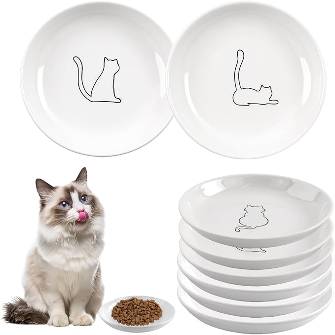 6 Pack Cat Food Bowl, Ceramic Cat Bowls, Anti Whisker Fatigue Cats Bowl Set,5.5 Inches Shallow Wide Kitten Plates for Food and Water