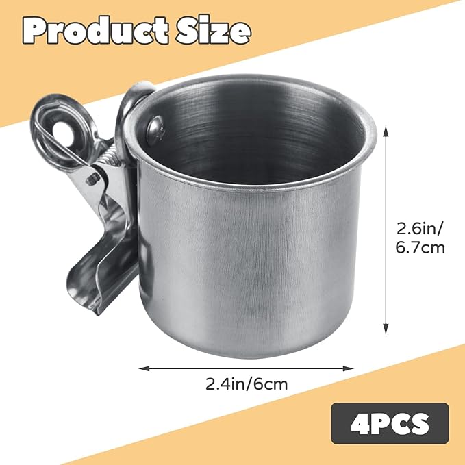 4 Pack Bird Feeding Dish Cups Stainless Steel Parrot Bird Feeder for Cage Parrot Feeders Water Cage Bowls with Clamp Holder for Cockatiel Parakeet Macaw Finches Small Animal