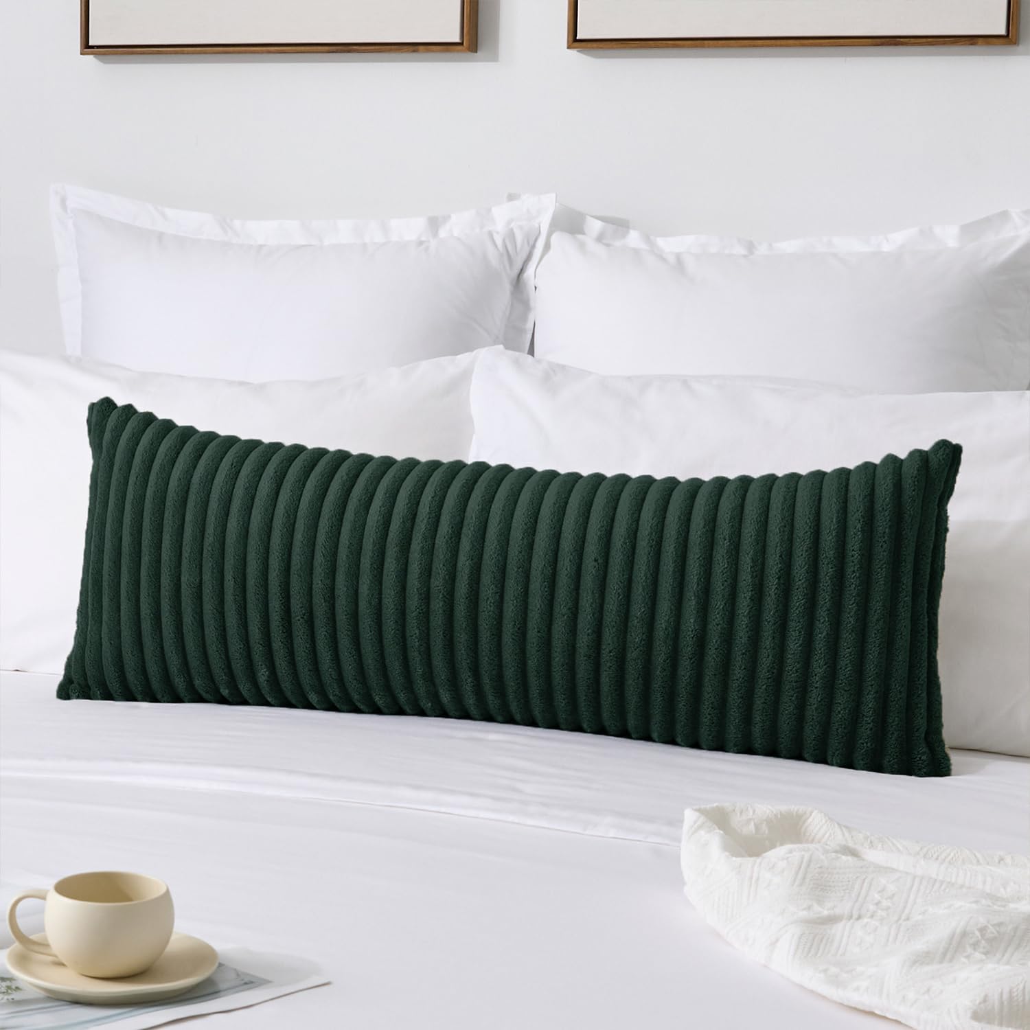 Kevin Textile Christmas Soft Plush 14x36 Inch Long Lumbar Pillow Cover 1 Pack, Luxury Fluffy Faux Fur Striped Flannel Rectangle Body Cushion Case for Couch Sofa Chair Bed Home Decor, Dark Green