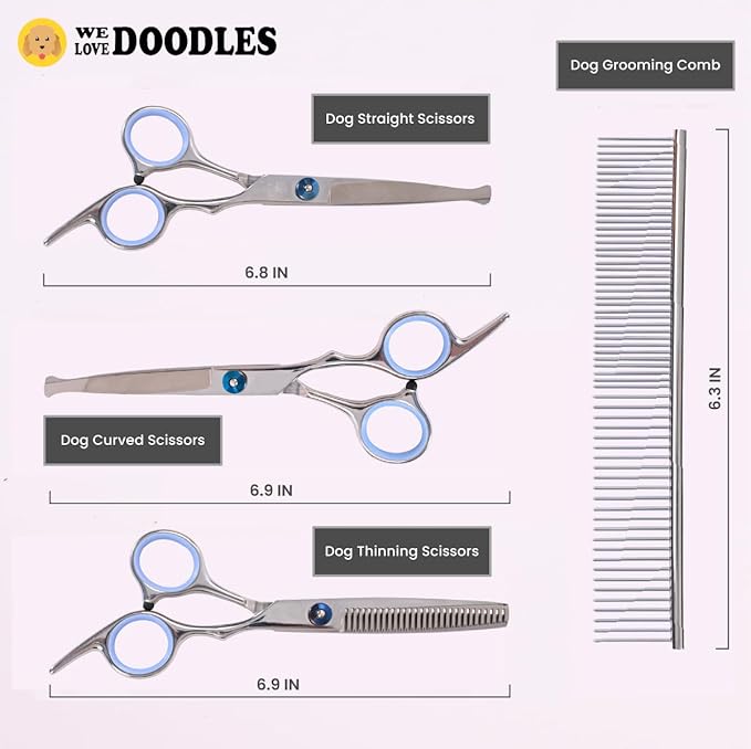 Dog Grooming Scissors Kit with Rounded Blunt Tips - Straight, Curved & Thinning Shears - Best Tools for Goldendoodles, Poodles & Doodles - Professional Grade Steel, 4 Pc Set [We Love Doodles]
