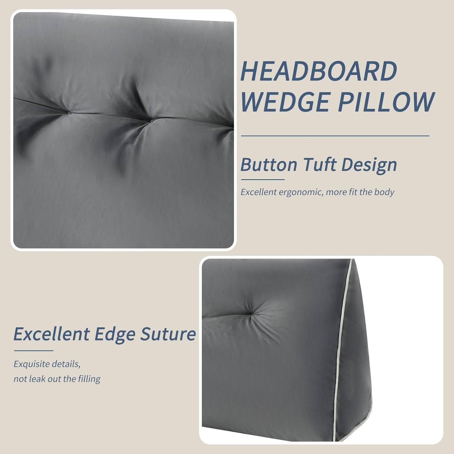 Headboard Wedge Pillows Twin/Twin XL, Ergonomic Bed Triangular Headboard Pillow, Thickened Backrest Cushion for Reading in Dorm Bed Sofa, Dark Grey, 39in