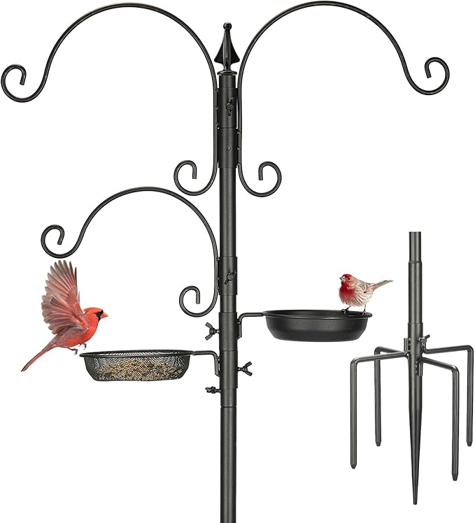 Kingsyard Bird Feeding Station Kit - 85 Inch Bird Feeder Pole with 5-Prong Base, Bird Feeder Stand for Outdoors Hanging Bird Feeders, Upgraded in Stability, Black