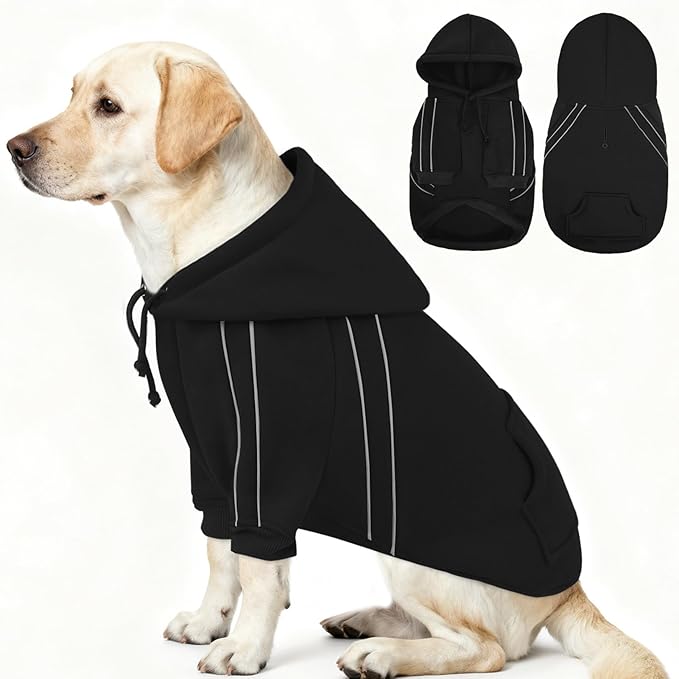 ASENKU Cozy Dog Hoodie，Soft Sweater with Adjustable Hood, Back Pocket and Leash Access Hole，Warm Reflective Sweatshirt for Cold Weather（Black，XL