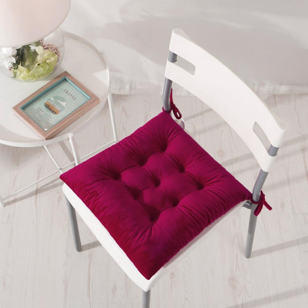 6 Pack Square Seat Cushion Chair Pads for Kitchen Dining Chairs, Soft Comfort Velvet Chair Mat Pillow Cushions with Ties for Office Desk Living Room Tatami 15.5", Burgundy Red