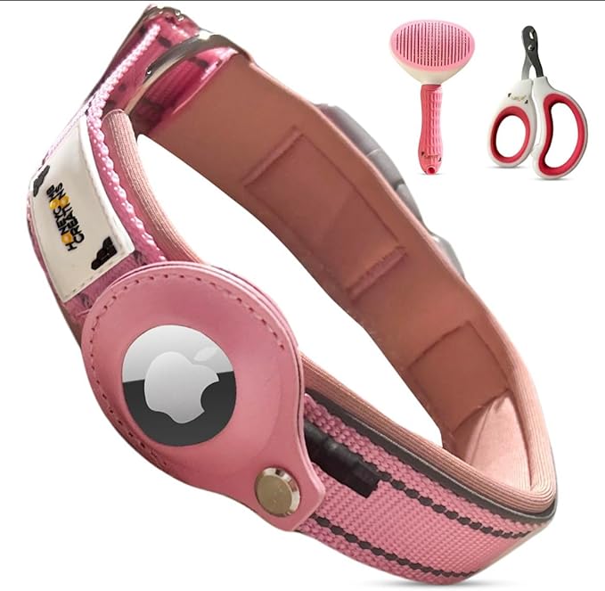 Essential Pet Supplies: Pet Collar for Small Dogs with Reflective AirTag Holder and Secure,Comfortable Padding Bundled with Safe Dog Nail Clippers and Self-Cleaning Dog Brush