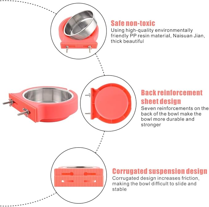 Crate Dog Bowl Removable Stainless Steel Water Food Feeder Bowls Cage Coop Cup for Cat Puppy Bird Pets (Small, Pink Orange with Corrugated Clip)