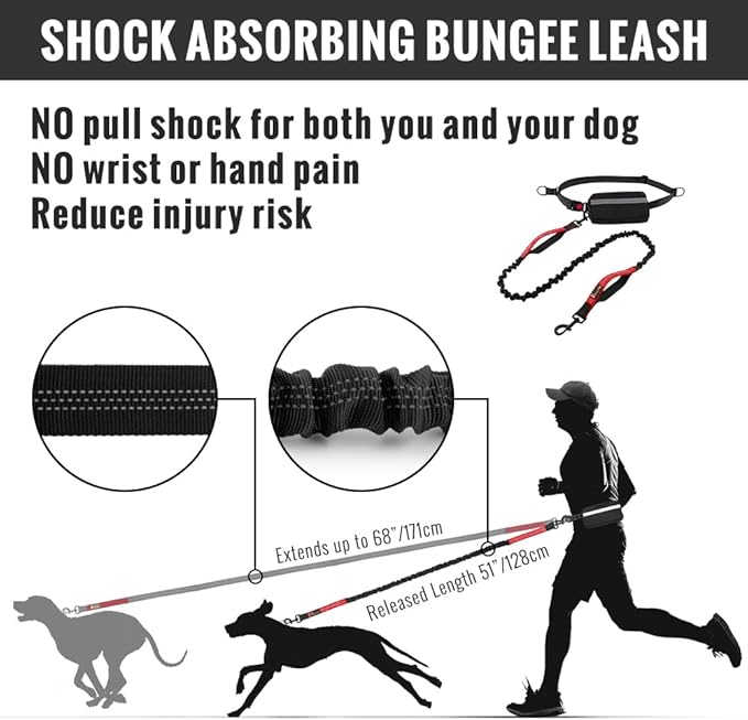 Plutus Pet Hands Free Dual Handle Retractable Bungee Leash with Reflective Stitches, Adjustable Waist Leash for Dog Walking Running Jogging, Medium Large Dogs