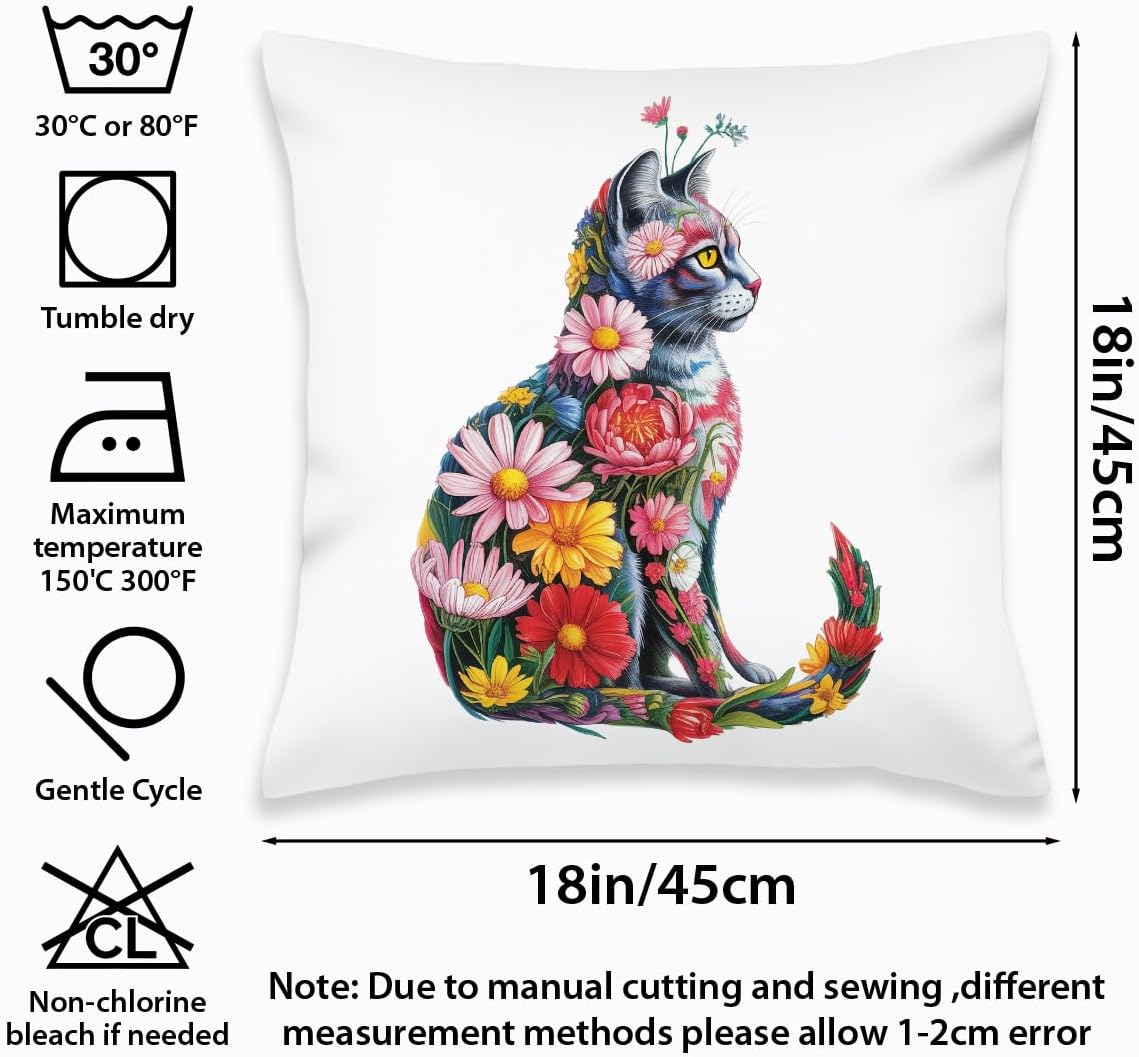 2 Pcs Flower Cat Pillow Covers, Cat Decor Cats Themed Gifts Throw Pillow Square Cushion Covers for Couch Sofa Bed Bedroom Apartment Dorm Living Room Office Home Decor