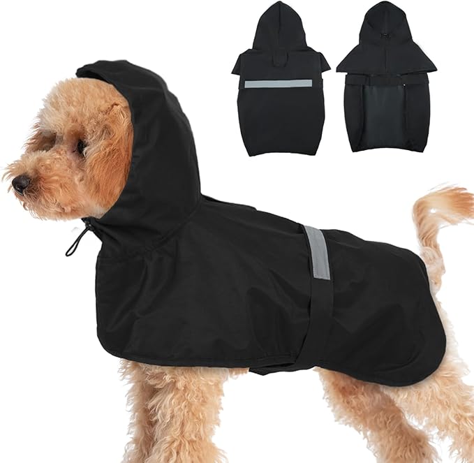 MIGOHI Reflective Dog Raincoat for Small Dogs, Black, S - Waterproof Adjustable Hooded Dog Poncho, Rain Jacket with Leash Hole, Easy Clean, Rainy Outdoor Walking
