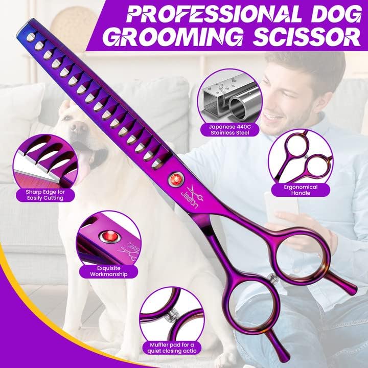 JASON 7.5" Dog Grooming Scissor - Professional Chunker Shear with Ergonomic Handle Japanese Stainless Steel Hair Scissor for Dogs, Cats and Other Pets, Sharp (Chunker, Purple)