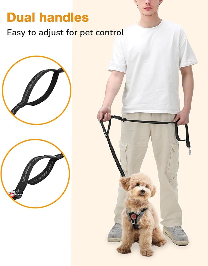 Pecute Dog Leash Hands Free with Pouch, Waist Belt Fanny Pack with Soft Pads, Dual Handles and Durable Bungee for Walking, Dog Seat Belt, Hiking, Running, Training, Black(Up to 180lbs)