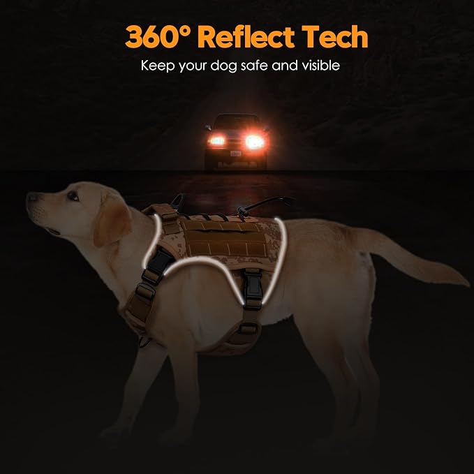 Heavy-Duty Tactical Dog Harness for Large Dogs, No Pull Adjustable Reflective Pet Vest with Molle System, K9 Military-Grade Control for Service Training, Outdoor & 10+ Breeds, Khaki Camo, XX-Large