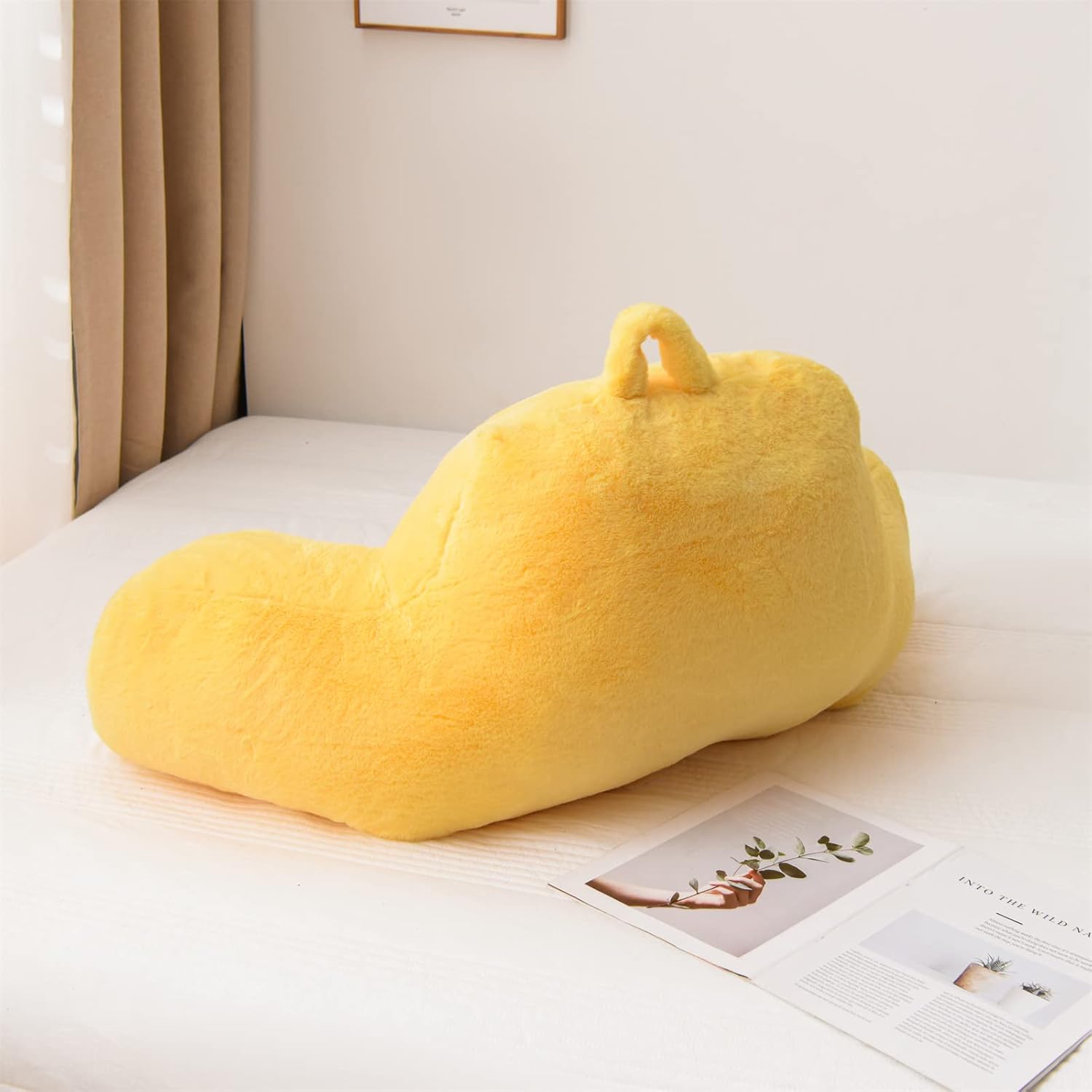 A Nice Night Faux Fur Reading Pillow Bed Wedge Large Adult Children Backrest with Arms Back Support for Sitting Up in Bed/Couch for Bedrest,Yellow