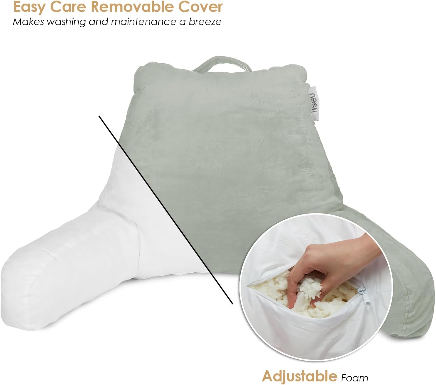 Nestl Reading Pillow with Shredded Memory Foam, Designed for Sitting Up in Bed and Couch, Back and Arms Adjustable Support for Adult & Teens Backrest Pillows for Reading with Washable Cover Sage Green