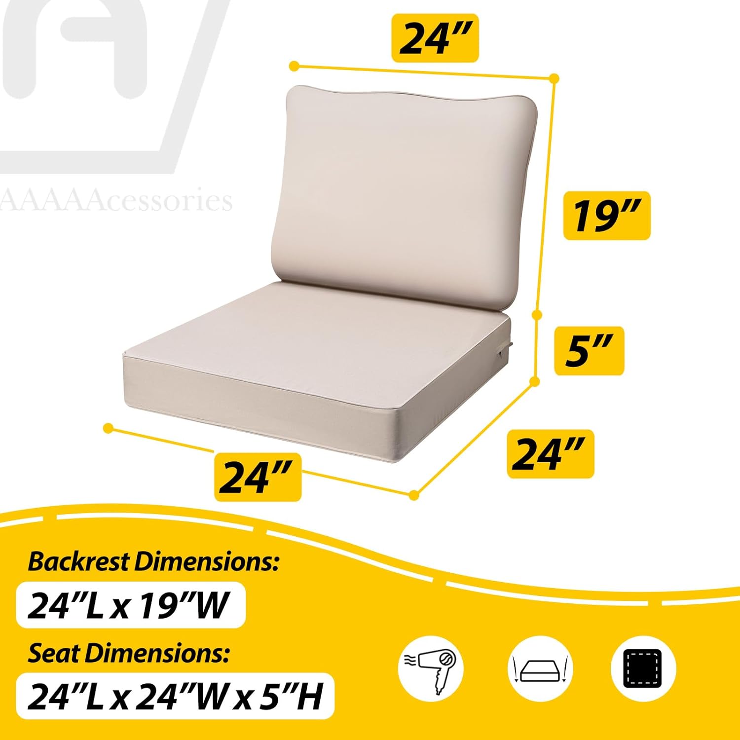 AAAAAcessories Outdoor Deep Seat Cushions, Waterproof, Fade-Resistant Patio Furniture Replacement Cushions, 24" x 24" x 5", Set of 2, Khaki Beige