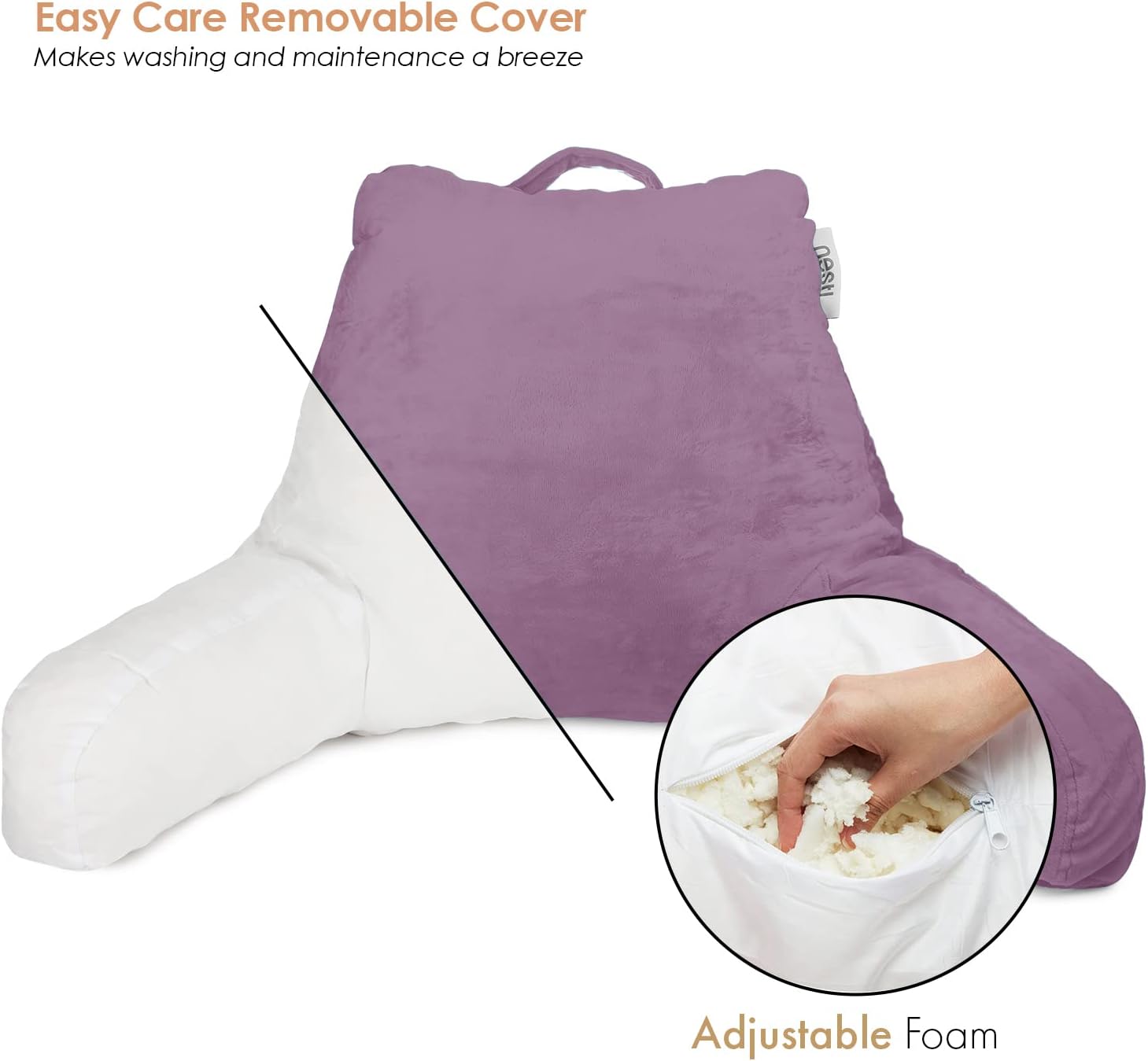 Nestl Reading Pillow with Shredded Memory Foam, Designed for Sitting Up in Bed and Couch, Back and Arms Adjustable Support for Adult & Teens Backrest Pillows for Reading Washable Cover, Lavender Dream