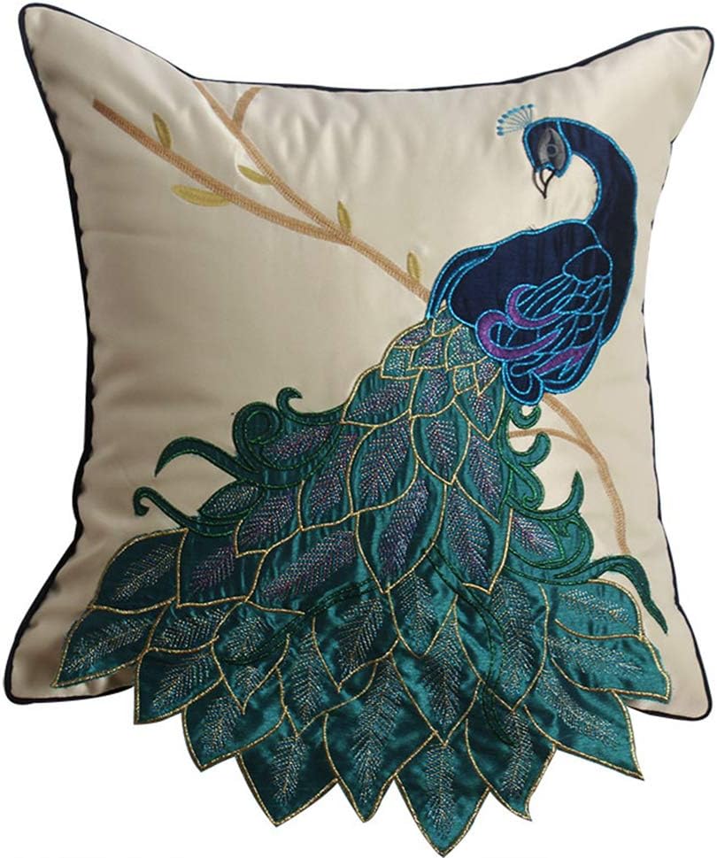 vctops Embroidered Peacock Decorative Throw Pillow Case Silky Satin Cushion Cover Peacock 2 18"X18"