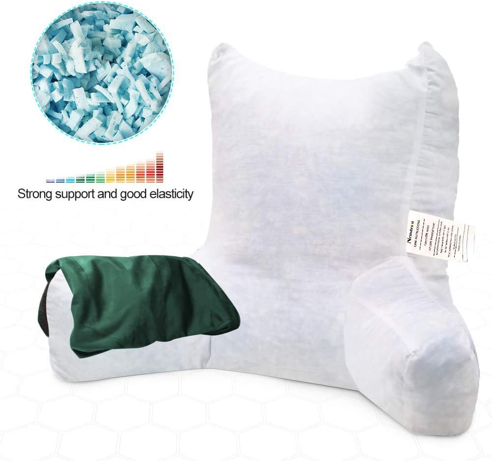 Neustern Reading Pillow for Sitting in Bed Adult, Back Pillow for Bed Shredded Memory Foam Chair Pillow with Arms and Pockets, Backrest and Support with Washable Cover for Watching TV/Gaming/Relaxing