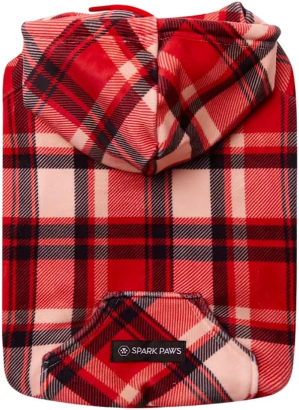 Spark Paws Dog Hoodie – Premium Dog Sweater for Small, Medium, and Large Dogs | Warm Outfits for French Bulldogs, Pitbull, Puppy, Winter Jacket Alternative - Red Plaid, M