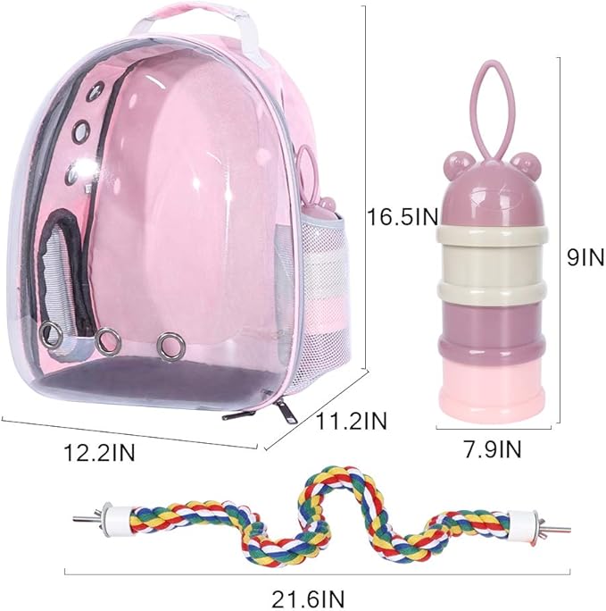 Pink Bird Backpack Carrier with Portable Bird Feeder Cups, Pet Bubble Carrier for Pet Birds, Airline-Approved, Ventilate Transparent Space Capsule Carrier Backpack for Travel, Hiking and Outdoor Use
