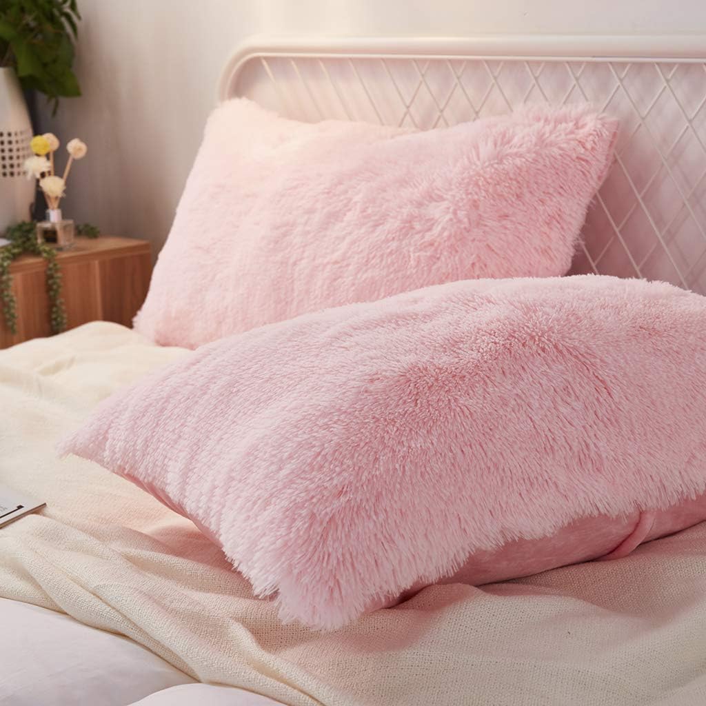 Uhamho Set of 2 Standard Queen Faux Fur Throw Pillow Covers Soft Velvet Decorative Pillowcases Zipper Closure(20 x 26 Inches Pink)