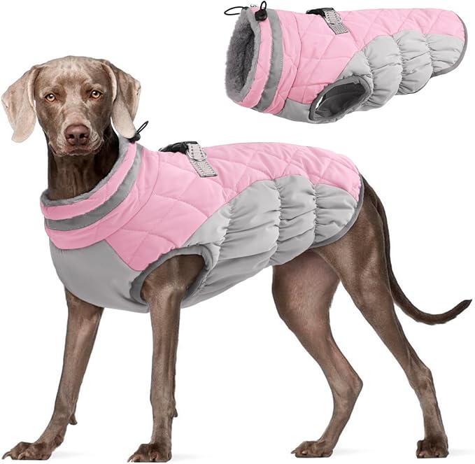FUAMEY Dog Coat for Large Dogs,Waterproof Dog Winter Jacket with Harness Built in Puppy Cold Weather Coats Reflective Pet Vest with Zipper Warm Fleece Dogs Snowsuit Windproof Pink 2XL
