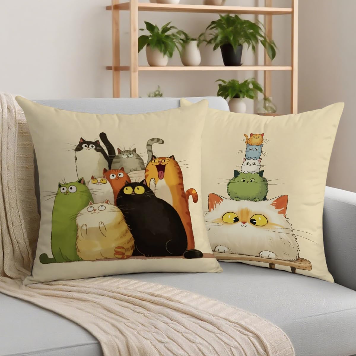 2 Pcs Whimsical Cat Throw Pillow, Throw Pillow Cover Lovely Multicolor Cartoon Cats Decorative, Suitable for Couch Sofa Bed Bedroom Apartment Dorm Living Room Office Home Decor