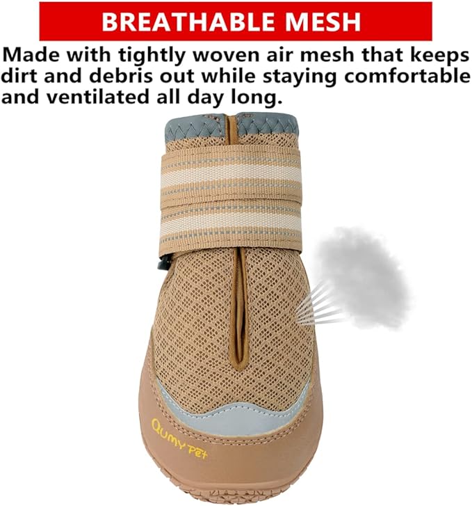 QUMY 4PCS Dog Boots for Large Dogs, Medium Dog Shoes & Paw Protectors for Hot Pavement, Summer Heat Protection, Mesh Breathable Nonslip Dog Booties for Hardfloors, Walking Running Hiking Khaki Size 8
