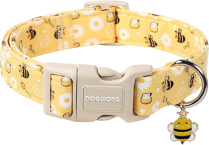 DOGWONG Yellow Bee Dog Collar- Cute Fun Dog Collars Adjustable Designer Spring Puppy Yellowe Dog Collar for Small Medium Large Dogs XS