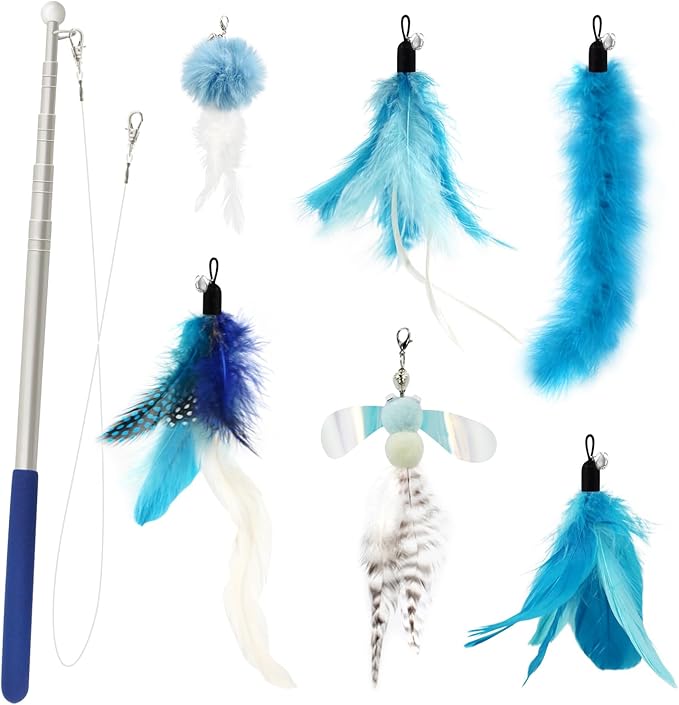SONGWAY Cat Feather Toys Wand - 7 Pcs Interactive Cat Toys for Indoor Cat Kitten, Retractable Cat Wand Toy with 6 Feather Teaser Refills with Bell, Cat Fishing Pole Toy, Blue