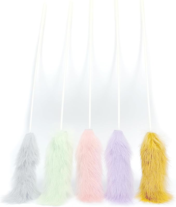Rabbit Fur Cat Toys – 5PCS Interactive Cat Wand Toys for Indoor Cats, Soft Teaser Sticks for Play & Exercise, Natural Fur Cat's Teaser Set, 15" Long