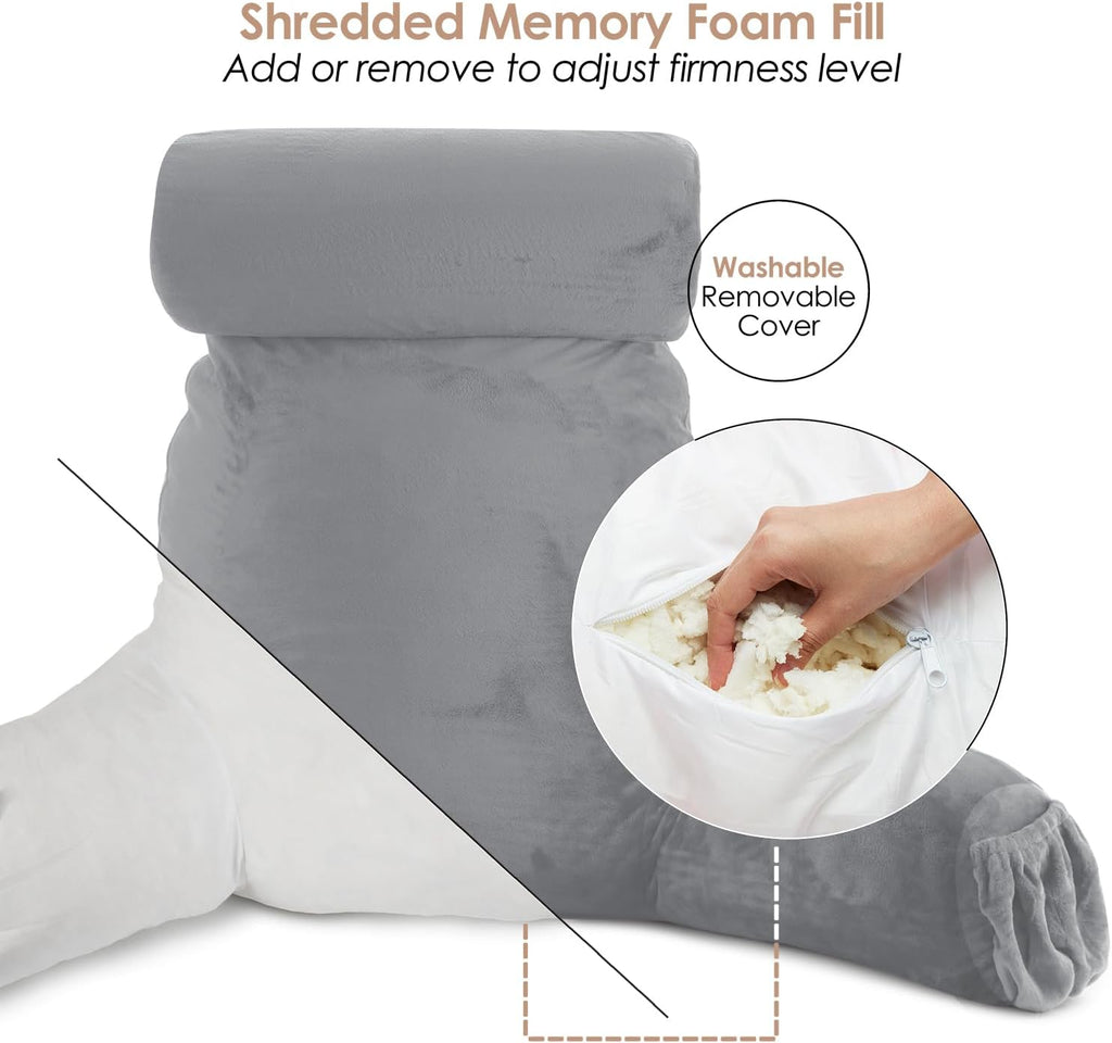 Nestl Reading Pillow with Shredded Memory Foam Includes 2 Neck and Lumber Support Pillows, Designed for Sitting Up in Bed and Couch, Back and Arms Adjustable Support for Adult & Teens, Grey