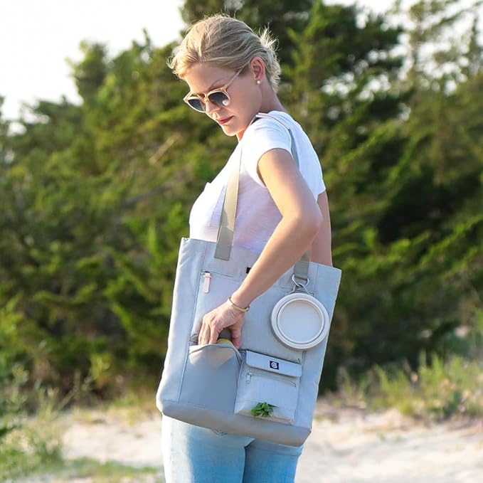 Park Pack 2-Piece Set Dog Gear Tote – Dog Travel Bag with 8 Pockets, Treat Pouch, Poop Bag Dispenser, Quick-Dry Ball Pocket, Collapsible Bowl, Perfect for Walks & Park Trips, Sand