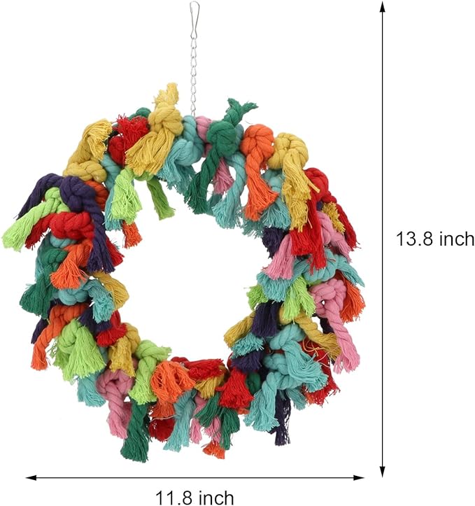 Bird Colorful Cotton Rope Hanging Ring Parrot Preening Grooming Chew Climb Biting Toy for African Grey Cockatoo Conure Parakeet
