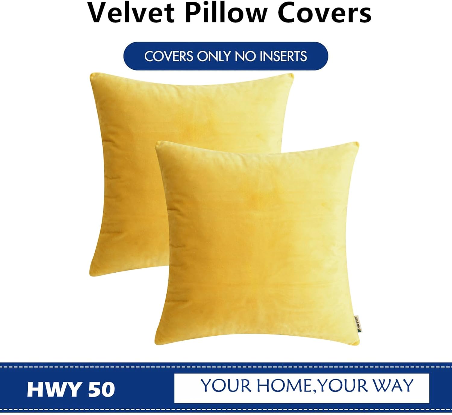 HWY 50 Yellow Velvet Throw Pillow Covers 22x22 Inch, Pack of 2 Soft Cozy Solid Decorative Luxury Cushion Cases for Couch Sofa Bed Living Room Bedroom