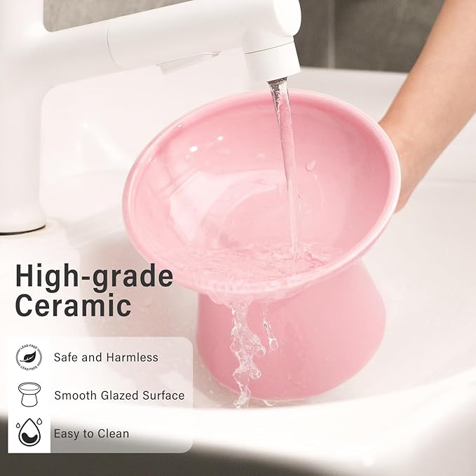 2 Elevated Cat Bowls Extra Wide for Food & Water – Whisker Fatigue, Ceramic Wide Shallow Food Dish, Lead & Cadmium Free, Raised Height for Cats, Pink