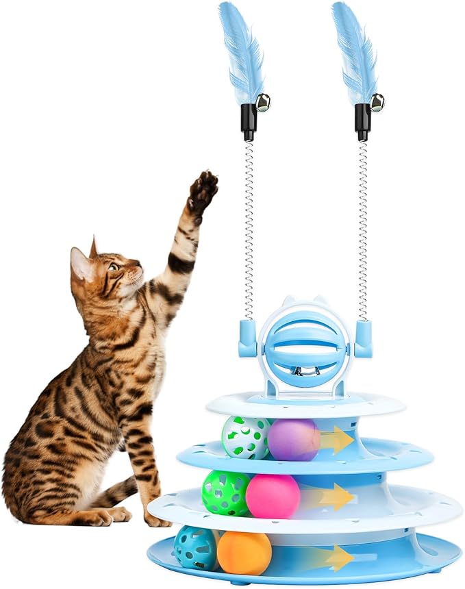 Cat Toy Interactive Pet Plaything for Indoor Kitten Interactive Kitty Puzzle Ball with 2 Cat-Tease (Blue)