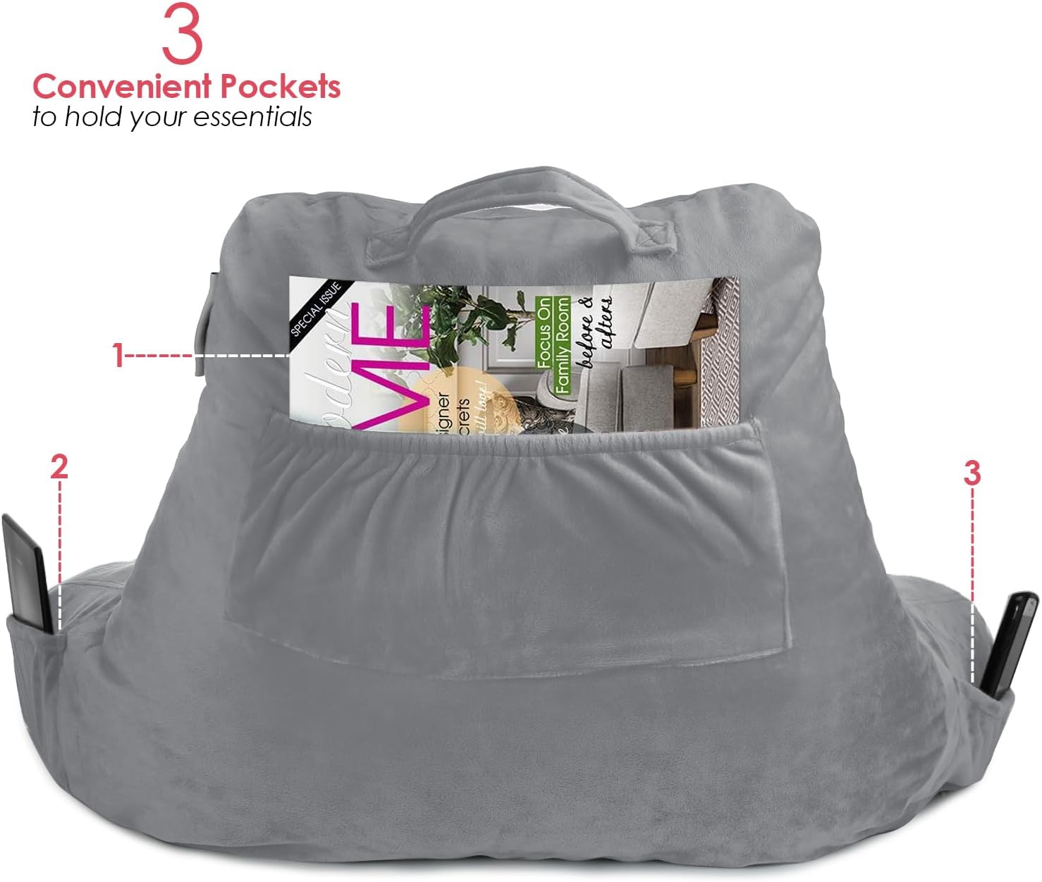 Nestl Reading Pillow with Shredded Memory Foam, Designed for Sitting Up in Bed and Couch, Back and Arms Adjustable Support for Adult & Teens Backrest Pillows for Reading, with Washable Cover Grey