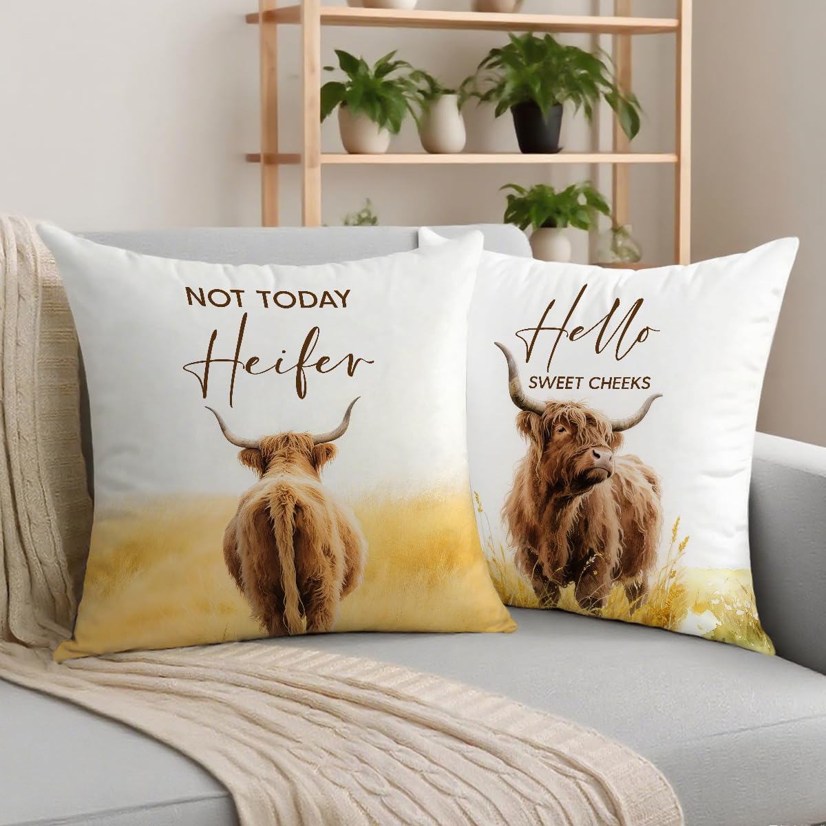 2 Pcs Highland Western Cow Decor Throw Pillow Cases, Farm Square Decorative Pillow Cover, Linen Decorations Cushion Case for Sofa Couch for Couch Sofa Bed Bedroom Living Room Office Home Decor