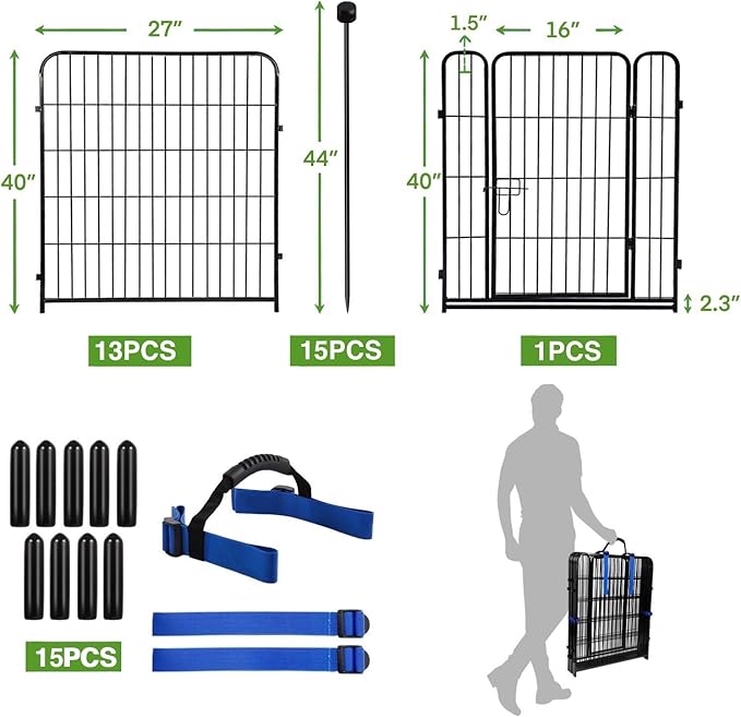 ADAVIN Garden Fence Wide Door Low Threshold, 40 inch High 14 Panels Total 31 Ft(L), Animal Barrier Fence No Dig, Fencing for Garden Beds, Black Iron Metal Heavy Duty Dog Fencing for Yard or Camping