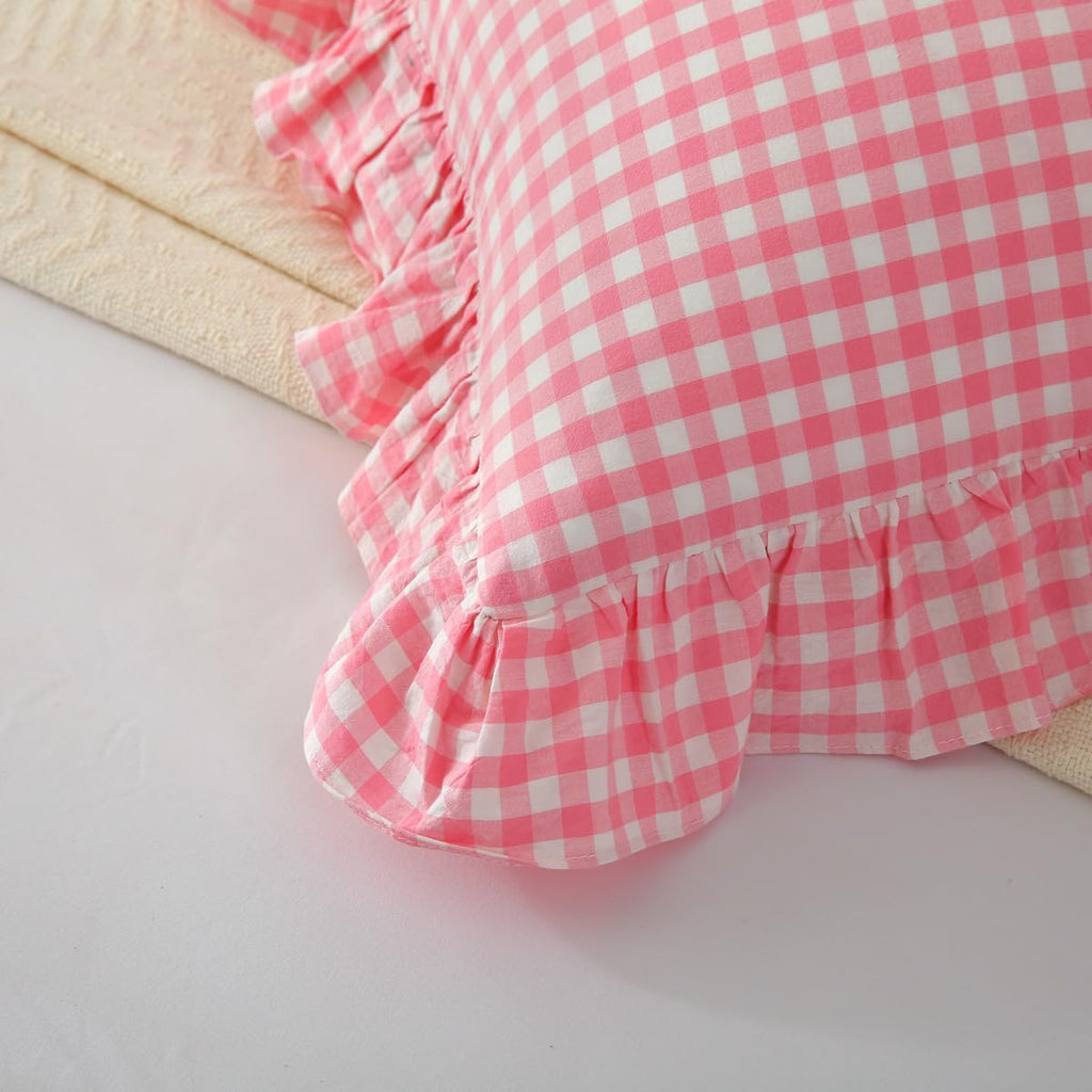 2 Pack Vintage Light Pink Plaid Ruffle Throw Pillow Covers,Washed Cotton Checkered Gingham Pillow Covers 20"x20" for Sofa,Couch,Bed and Living Room