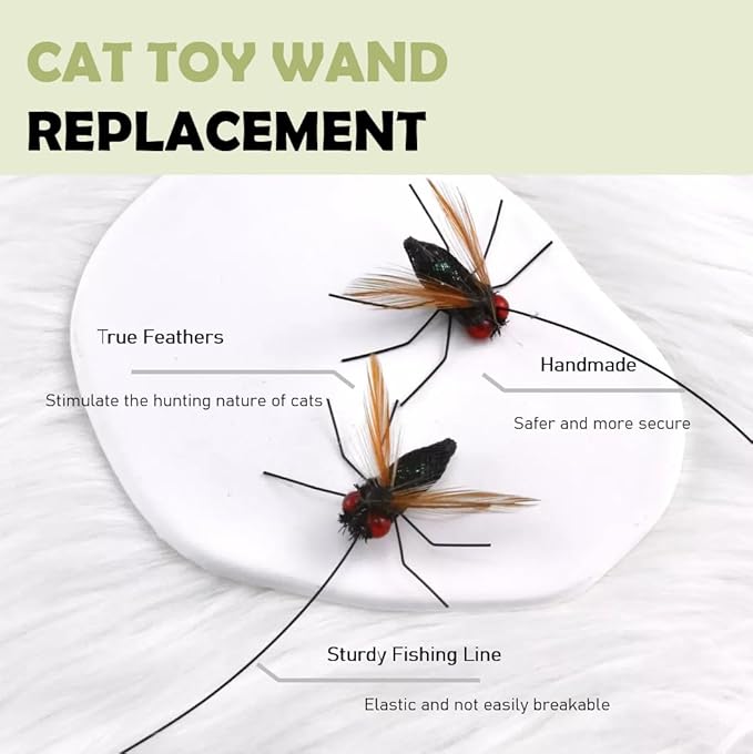 Cat Insect Feather Toys Replacement - 2 Pcs Handmade Natural Flies - Cat Toy Wand Refills - Interactive Kitten Teaser Wand Attachments - Cat Toys for Indoor Cats Play