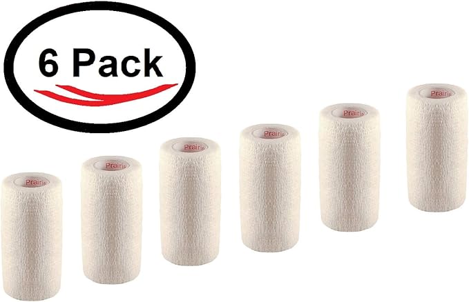 4 Inch Vet Wrap Tape Bulk (White) (Pack of 6) Self Adhesive Adherent Adhering Flex Bandage Grip Roll for Dog Cat Pet Horse