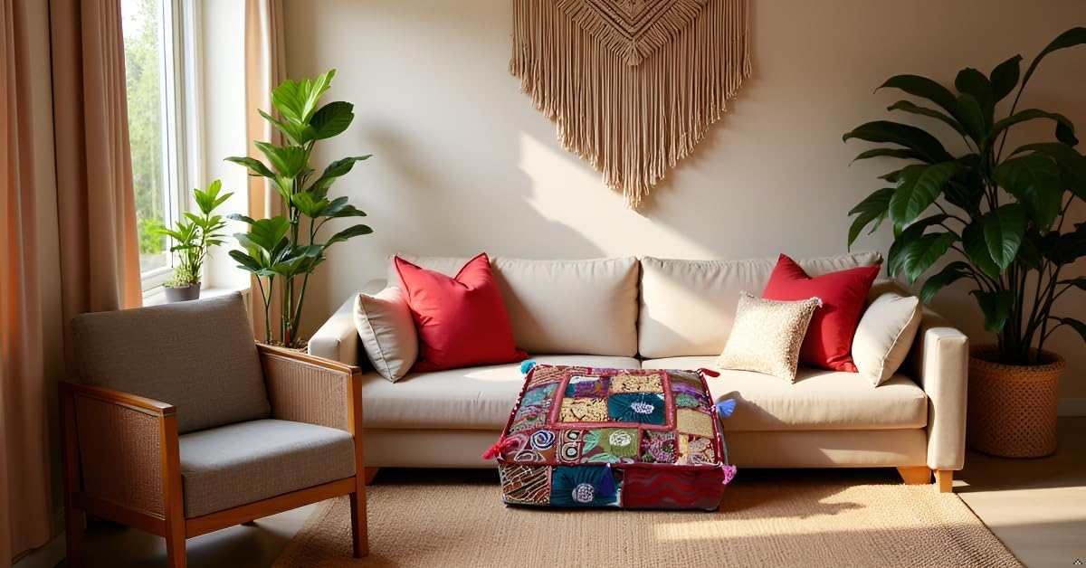 CRAFT KALA Indian Square Patchwork Traditional Pouf Cover Indian Living Room Poufs Decorative Embroidered Designer Ottoman Home Living Footstool Chair Cover Decor Pillow Cover 18x18x5 inches, Dark Red