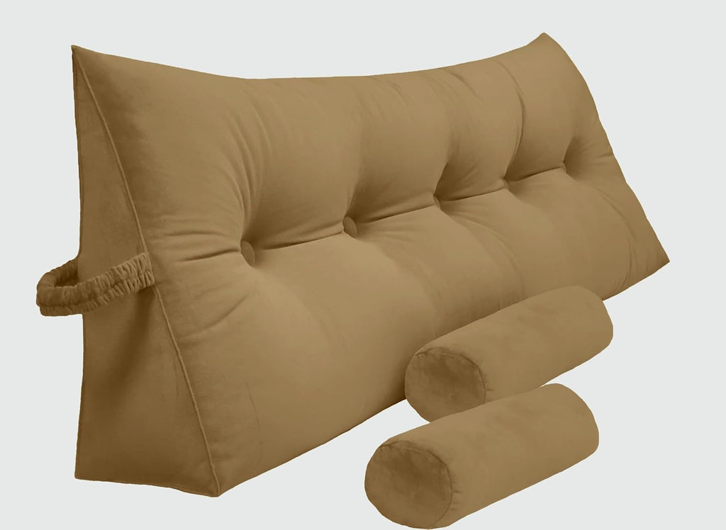 Triangular Reading Bedrest Pillow Large Bolster Cushion Headboard Backrest Wedge Pillow with Two Detachable Roll Pillows for Neck & Lumbar Support (Brown, California King 71x8x20 inches)