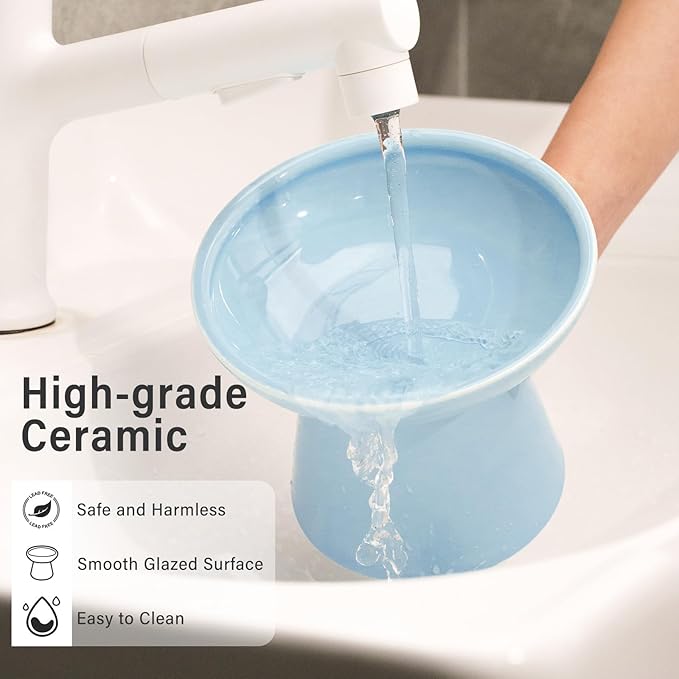 2 Elevated Ceramic Cat Bowls Extra Wide for Food & Water – Whisker Fatigue Shallow Food Dish, Lead & Cadmium-Free, Raised Height for Cats, Blue